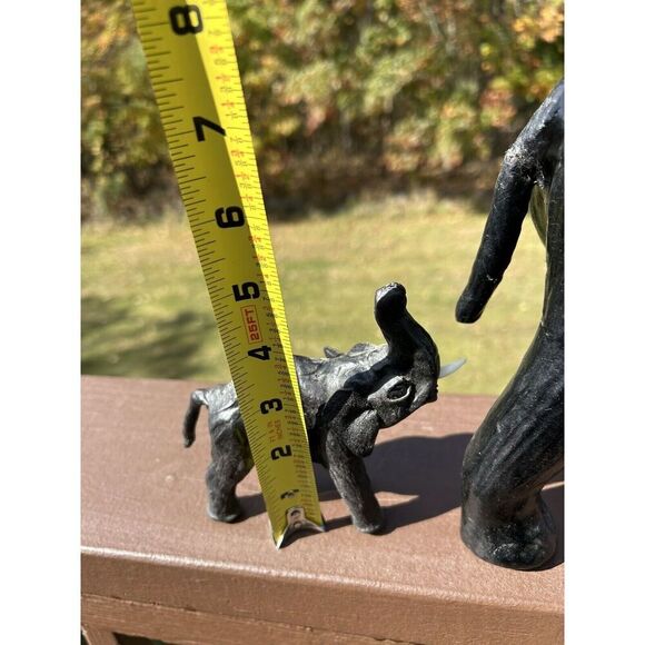 Vintage Leather Wrapped Elephant Statue W Tusks, Trunk Up Black 13”L x 13”H - Picture 11 of 13
